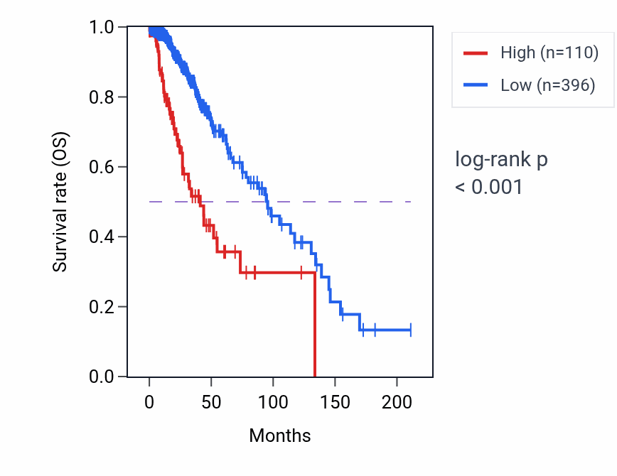 Kaplan&ndash;Meier survival curve for VAV3-AS1 RNA expression in LGG: high vs low expression groups.