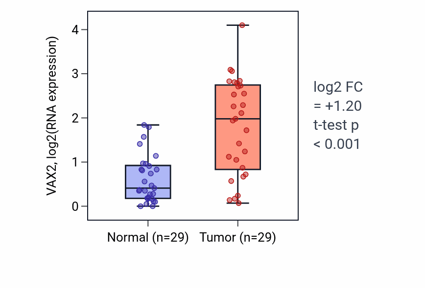 Tumor-vs-normal expression box plot for VAX2 RNA in HNSC.