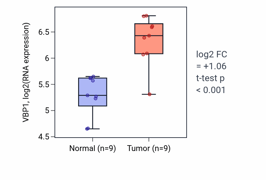 Tumor-vs-normal expression box plot for VBP1 RNA in HNSC.