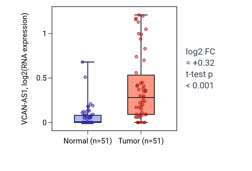 Tumor-vs-normal expression box plot for VCAN-AS1 RNA in KIRC.