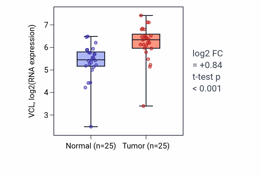 Tumor-vs-normal expression box plot for VCL RNA in HNSC.