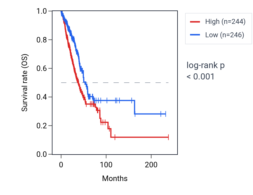 Kaplan&ndash;Meier survival curve for VDAC2 RNA expression in LUAD: high vs low expression groups.