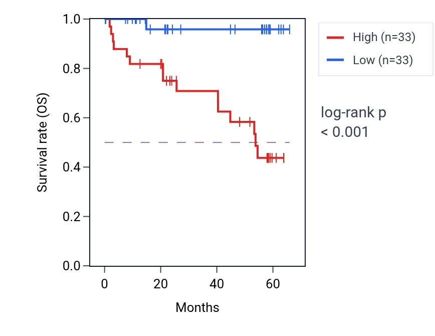 Kaplan&ndash;Meier survival curve for VDAC2 mass-spec protein-high vs -low samples in CCRCC.