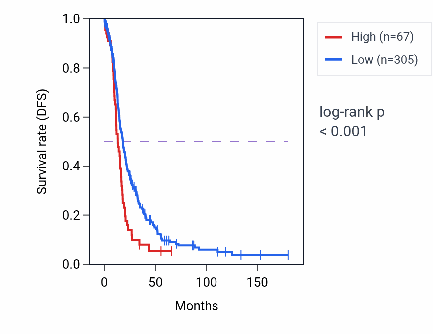 Kaplan&ndash;Meier survival curve for VDAC2P4 RNA expression in OV: high vs low expression groups.