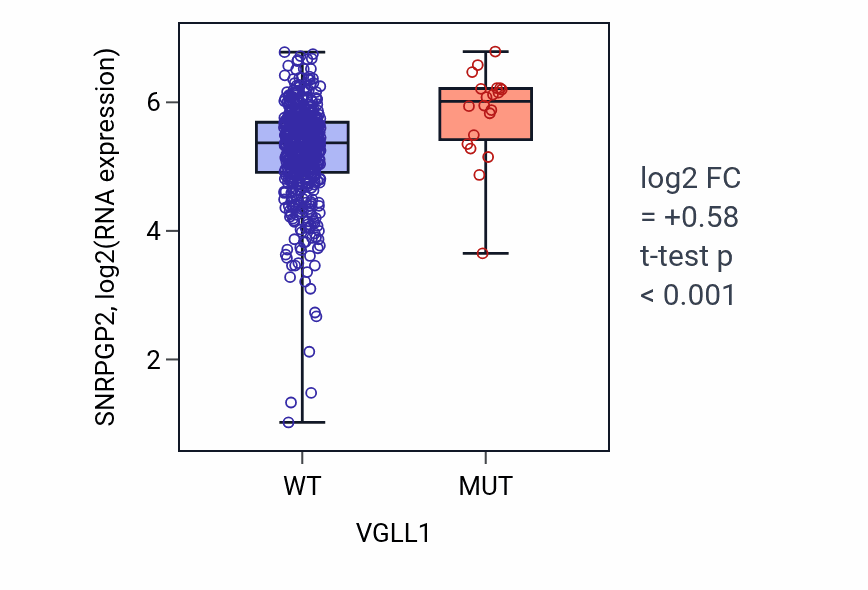Box plot of SNRPGP2 in VGLL1-low vs VGLL1-high samples in UCEC.