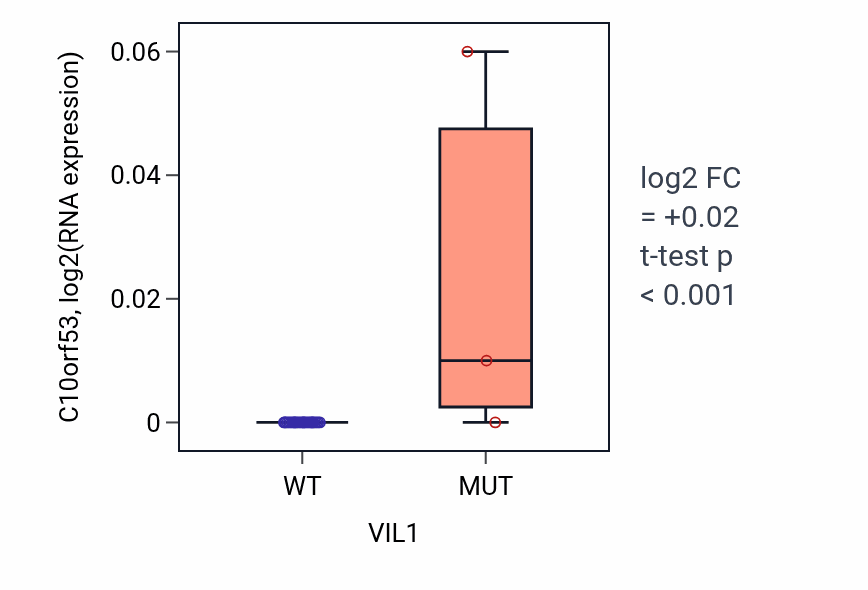 Box plot of C10orf53 in VIL1-low vs VIL1-high samples in OESOPHAGUS.
