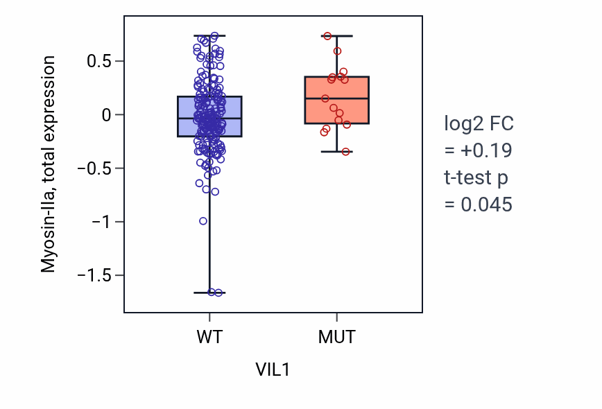 Box plot of Myosin-IIa in VIL1-low vs VIL1-high samples in SKCM.