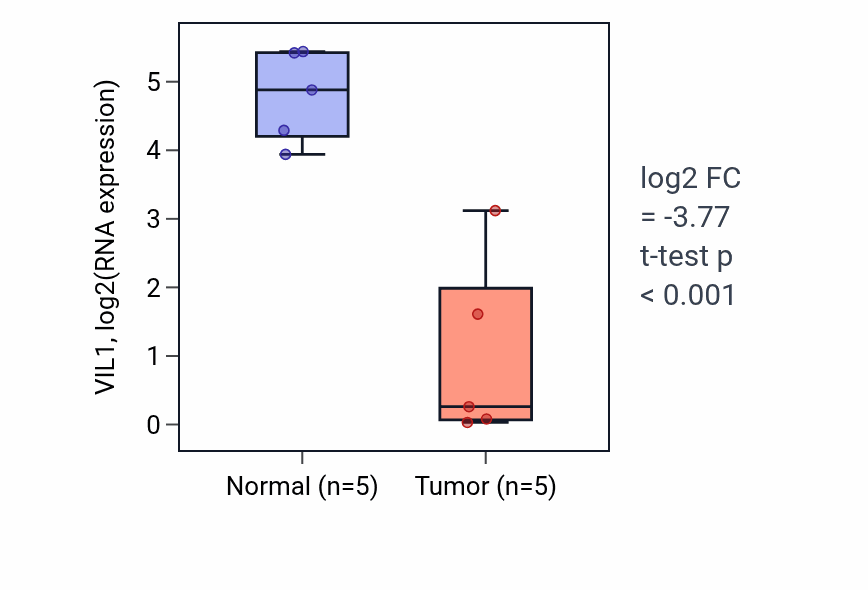 Tumor-vs-normal expression box plot for VIL1 RNA in KIRP.