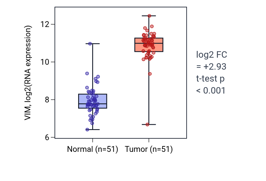 Tumor-vs-normal expression box plot for VIM in KIRC.