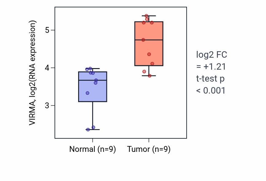 Tumor-vs-normal expression box plot for VIRMA RNA in HNSC.
