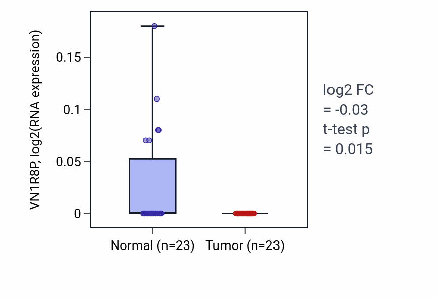 Tumor-vs-normal expression box plot for VN1R8P in THCA.