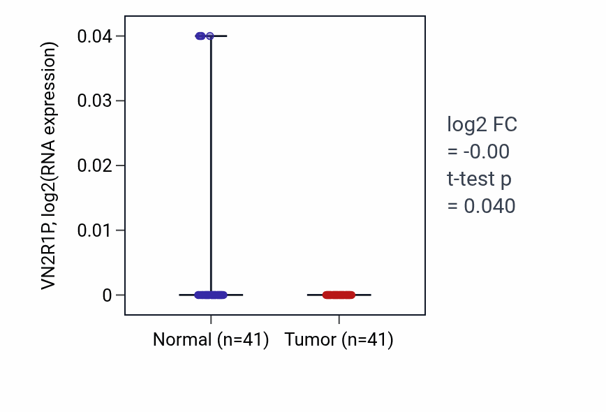 Tumor-vs-normal expression box plot for VN2R1P in THCA.