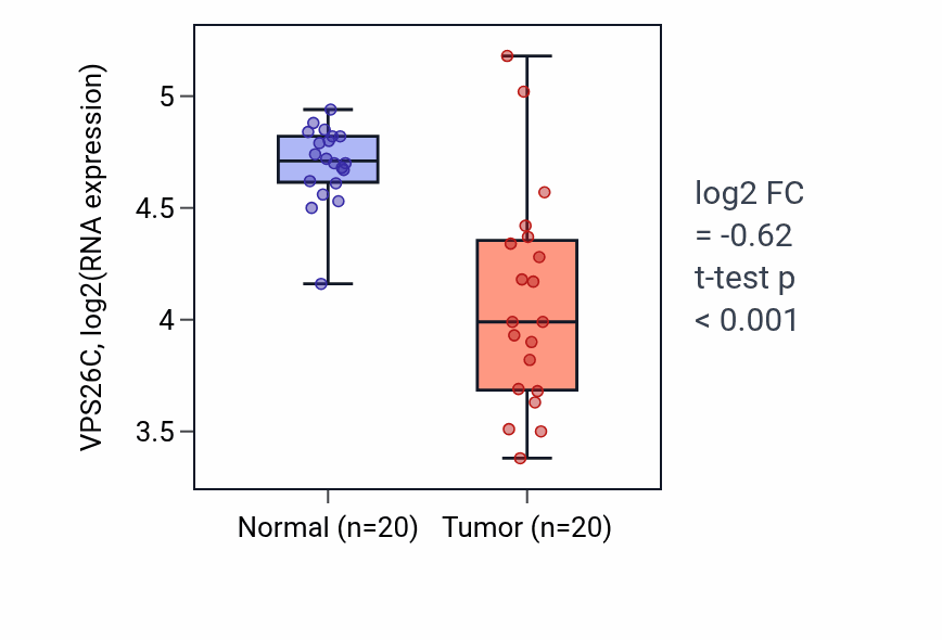 Tumor-vs-normal expression box plot for VPS26C RNA in COAD.