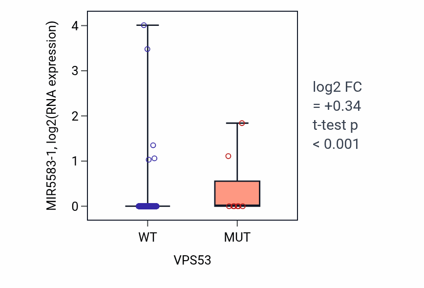 Box plot of MIR5583-1 in VPS53-low vs VPS53-high samples in COAD.