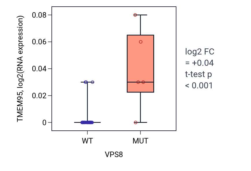 Box plot of TMEM95 in VPS8-low vs VPS8-high samples in OESOPHAGUS.