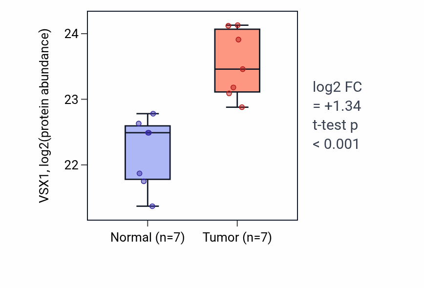 Tumor-vs-normal mass-spec protein box plot for VSX1 in CCRCC.