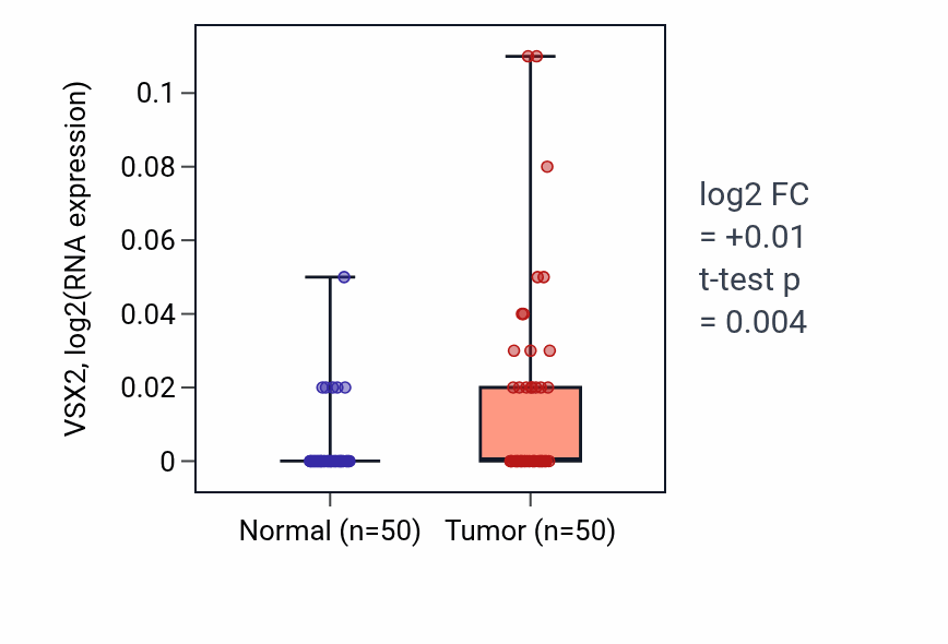 Tumor-vs-normal expression box plot for VSX2 RNA in LIHC.