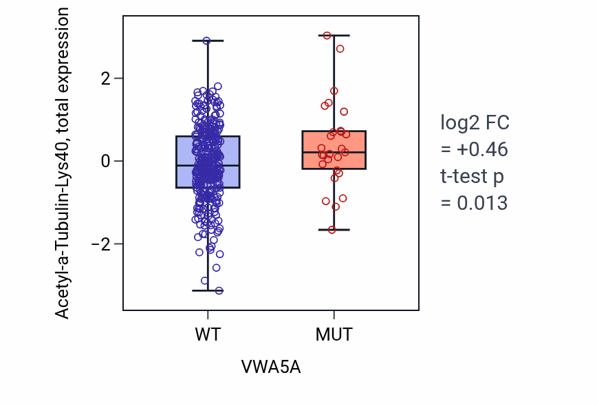 Box plot of Acetyl-a-Tubulin-Lys40 in VWA5A-low vs VWA5A-high samples in SKCM.