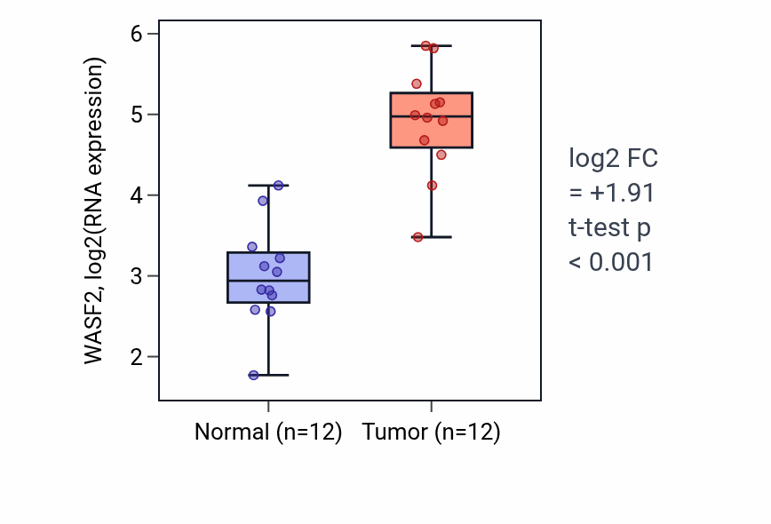 Tumor-vs-normal expression box plot for WASF2 RNA in LIHC.