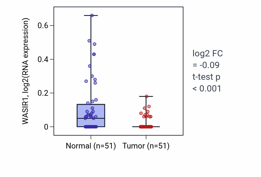 Tumor-vs-normal expression box plot for WASIR1 in KIRC.