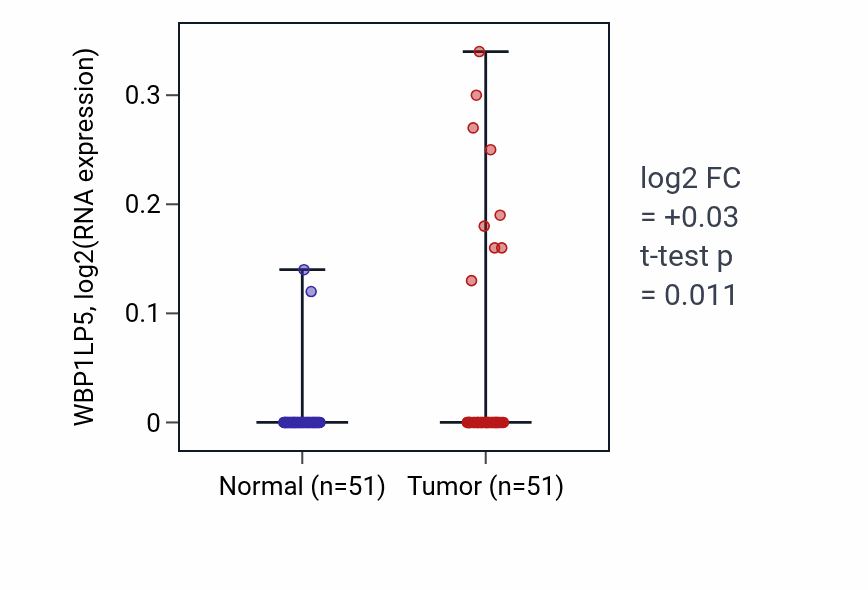 Tumor-vs-normal expression box plot for WBP1LP5 in KIRC.