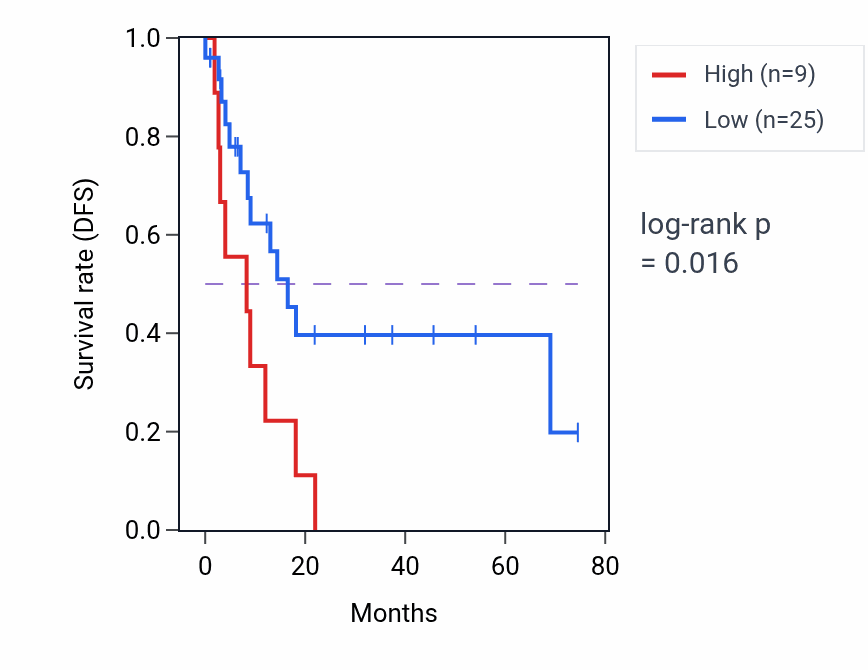 Kaplan&ndash;Meier survival curve for WBP2P1 RNA expression in STAD: high vs low expression groups.