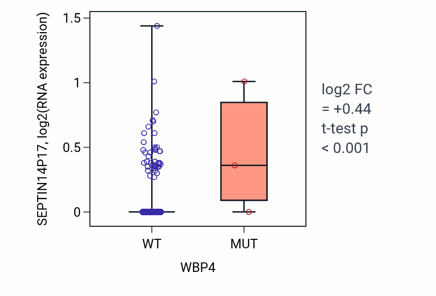 Box plot of SEPTIN14P17 in WBP4-low vs WBP4-high samples in BRCA.