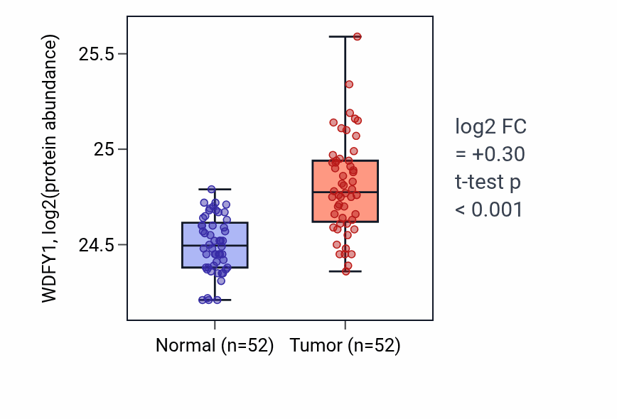 Tumor-vs-normal mass-spec protein box plot for WDFY1 in COAD.