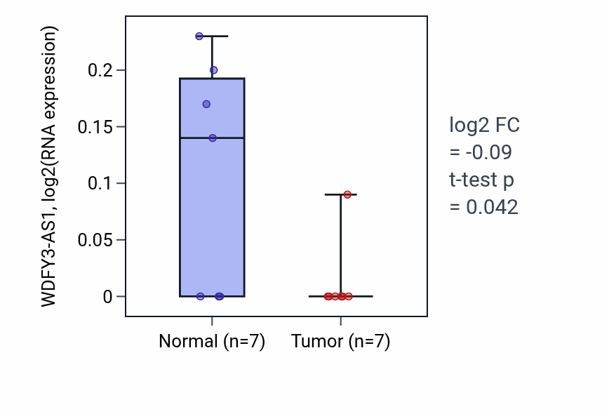 Tumor-vs-normal expression box plot for WDFY3-AS1 RNA in STAD.