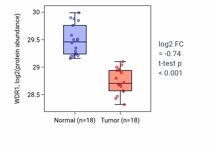Tumor-vs-normal mass-spec protein box plot for WDR1 in COAD.