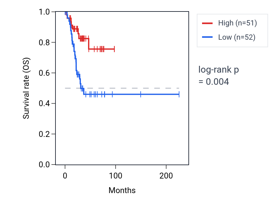 Kaplan&ndash;Meier survival curve for WDR13 RNA expression in UCEC: high vs low expression groups.