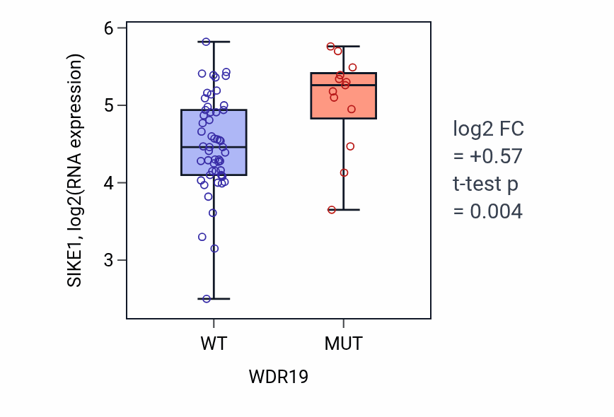 Box plot of SIKE1 in WDR19-low vs WDR19-high samples in LARGE_INTESTINE.