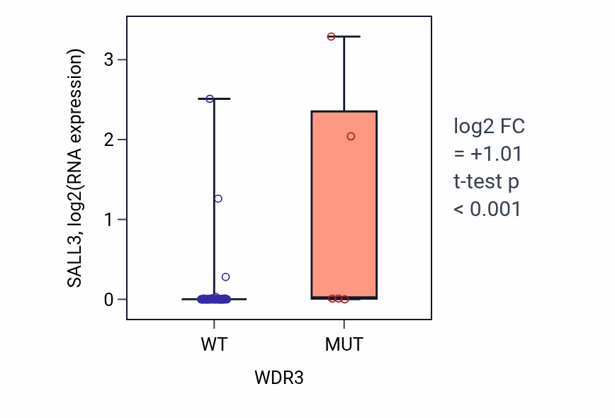 Box plot of SALL3 in WDR3-low vs WDR3-high samples in BLOOD_Lymphoma.