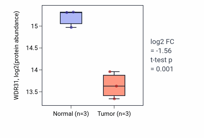 Tumor-vs-normal mass-spec protein box plot for WDR31 in LUAD.