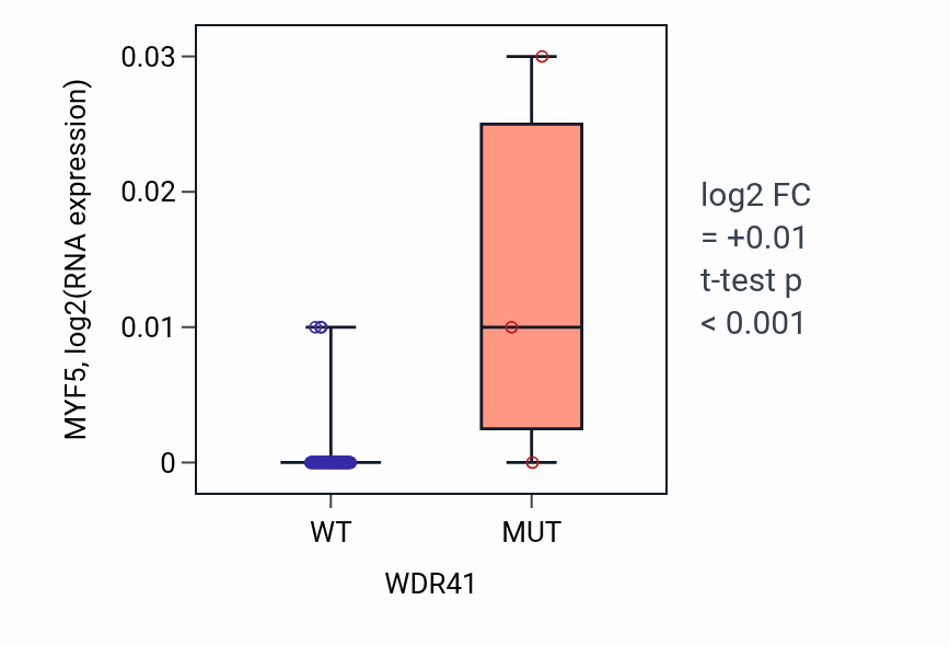 Box plot of MYF5 in WDR41-low vs WDR41-high samples in BLOOD_Leukemia.