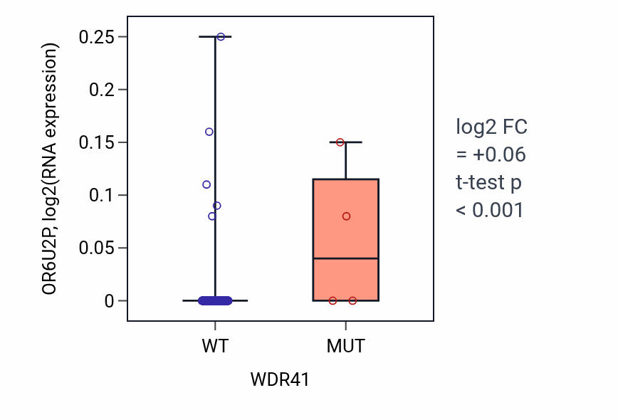 Box plot of OR6U2P in WDR41-low vs WDR41-high samples in SKCM.