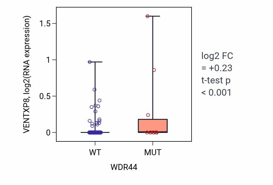 Box plot of VENTXP8 in WDR44-low vs WDR44-high samples in HNSC.