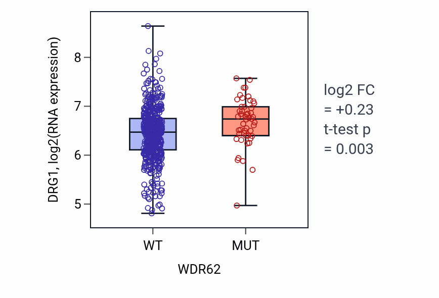 Box plot of DRG1 in WDR62-low vs WDR62-high samples in UCEC.