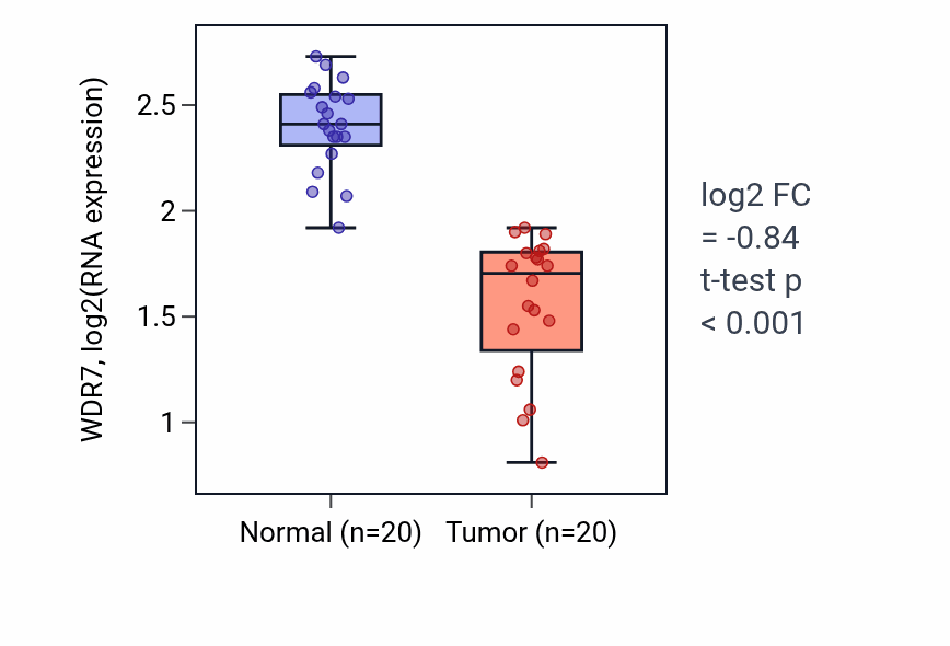 Tumor-vs-normal expression box plot for WDR7 RNA in COAD.