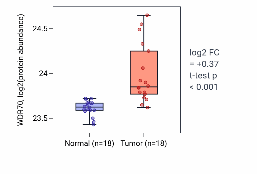 Tumor-vs-normal mass-spec protein box plot for WDR70 in LUAD.
