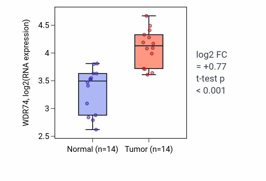 Tumor-vs-normal expression box plot for WDR74 RNA in KIRC.