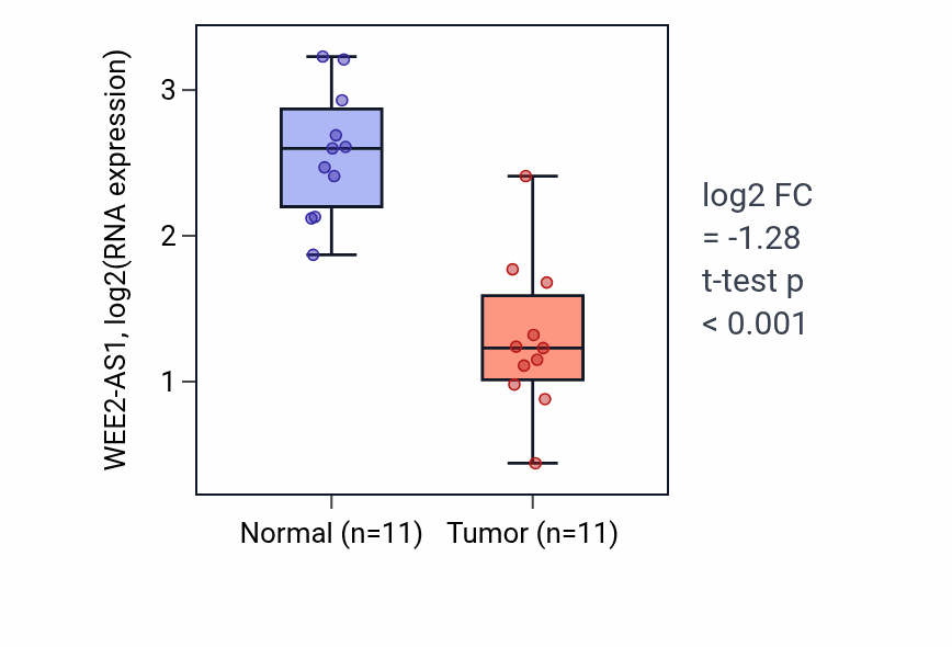 Tumor-vs-normal expression box plot for WEE2-AS1 in KICH.