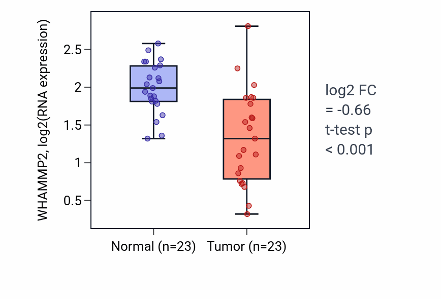 Tumor-vs-normal expression box plot for WHAMMP2 in THCA.