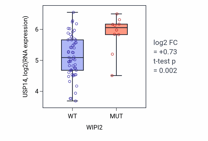 Box plot of USP14 in WIPI2-low vs WIPI2-high samples in LARGE_INTESTINE.