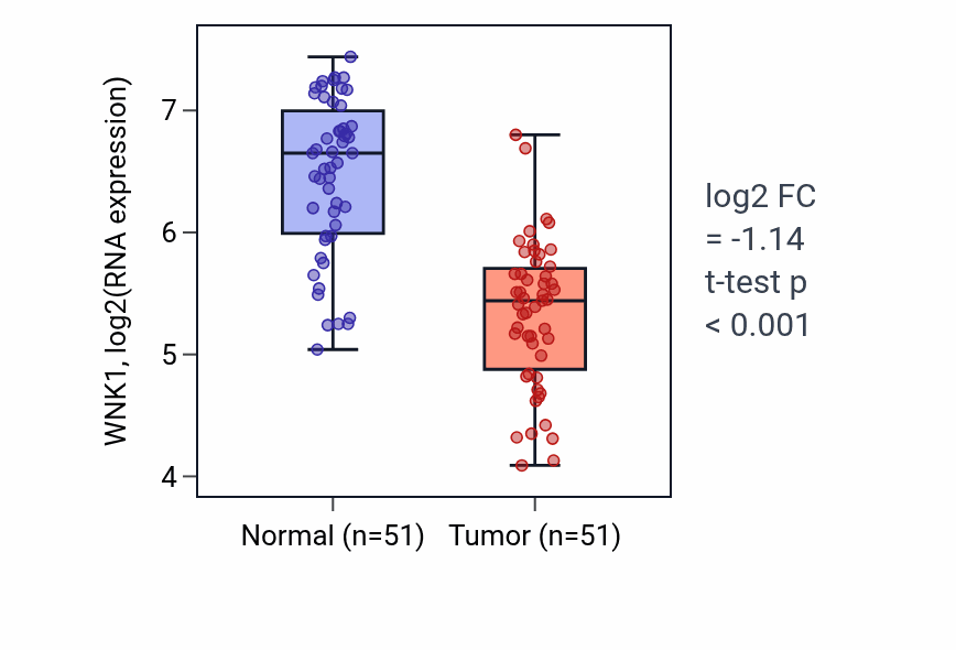 Tumor-vs-normal expression box plot for WNK1 RNA in KIRC.