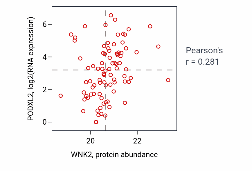 Per-sample scatter of WNK2 vs PODXL2 in HNSC (Pearson r = 0.28).