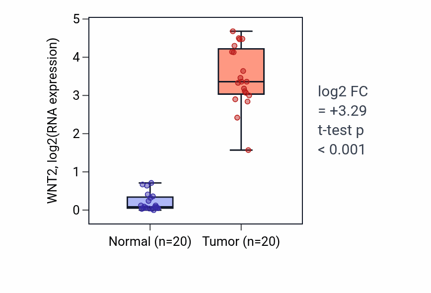 Tumor-vs-normal expression box plot for WNT2 RNA in COAD.