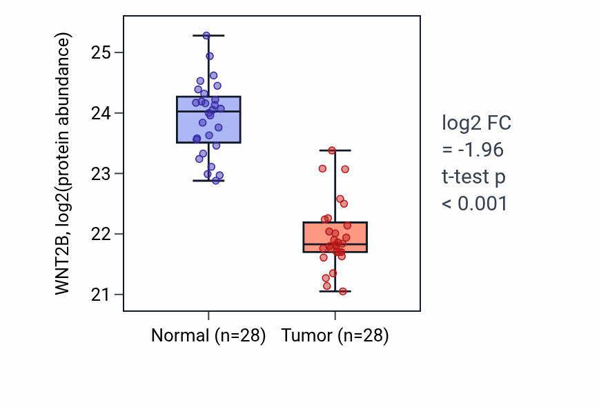 Tumor-vs-normal mass-spec protein box plot for WNT2B in COAD.