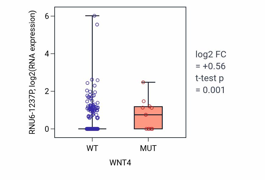 Box plot of RNU6-1237P in WNT4-low vs WNT4-high samples in UCEC.