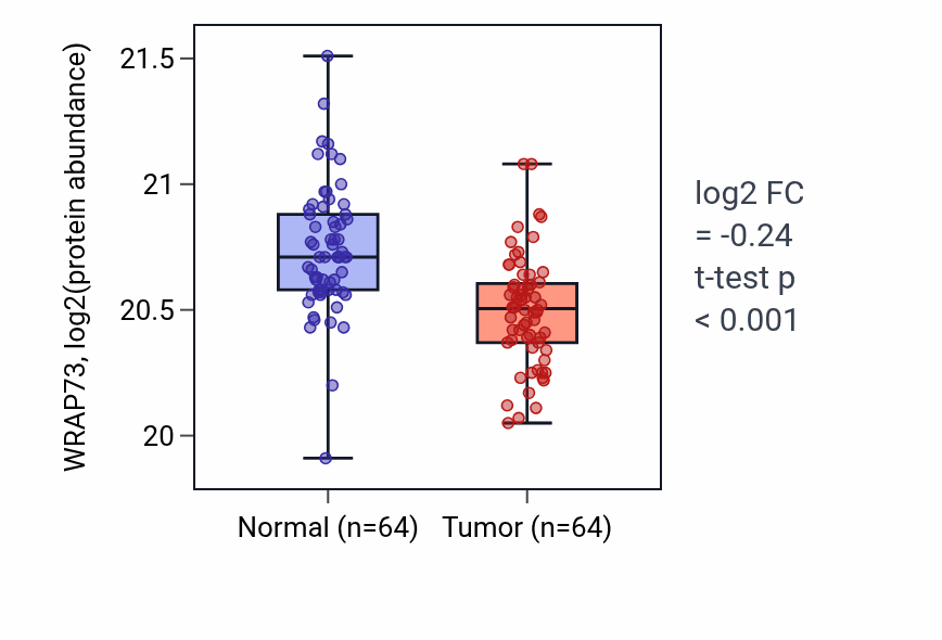 Tumor-vs-normal mass-spec protein box plot for WRAP73 in LUAD.